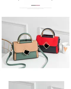 Detail of color-block PU crossbody bags with metal handles and geometric buckles