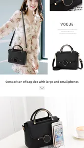 Size comparison of black lychee leather crossbody bag with small and large smartphones