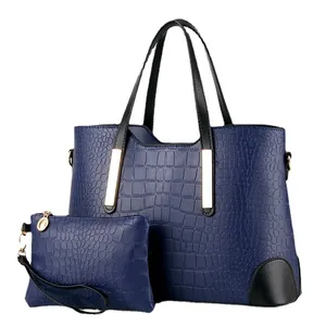 Blue crocodile pattern tote bag set with matching wristlet and black handles