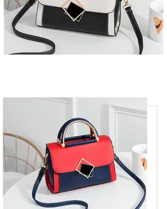 Close-up of contrast color PU leather crossbody bags with geometric metal buckle detail