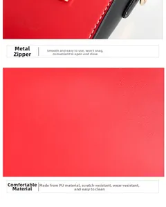 Close-up of red PU leather texture and smooth metal zipper on stylish shoulder bag