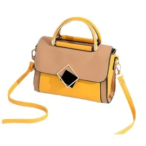 Contrast color yellow and khaki PU leather crossbody bag with gold metal handle