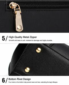 Details des goldenen Metall-Reißverschlusses und der Schutznieten an schwarzer Lederhandtasche