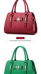 Dual view of wine red and green handbags with geometric embossed pattern and bow detail
