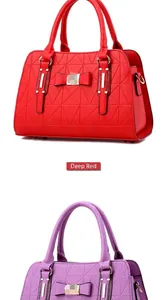 Detail view of red and purple handbags featuring geometric triangle textures and bows