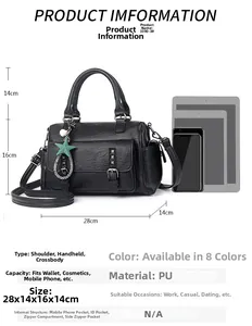 Detailed size specifications of black PU leather Boston bag with 28x14x16cm dimensions