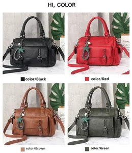 Collage of Boston shoulder bags in black, red, brown and green with litchi texture