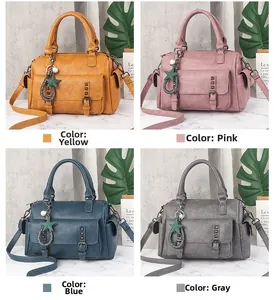 Collage of leather Boston handbags in yellow, dusty pink, blue, and gray colors