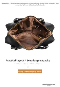 Vue détaillée de l'intérieur multi-poches du sac à main en cuir noir avec doublure brune