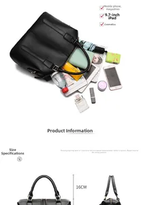 Détail montrant la grande capacité pour iPad 9,7 pouces et objets quotidiens en sac à main noir