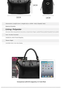 Spécifications de taille du sac à main en cuir PU noir avec détails sur la structure