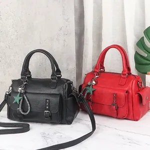 Vintage PU Leather Boston Handbag For Women Large Capacity Shoulder Bag With Star Pendant Casual Daily Tote Handbag