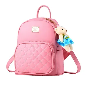Pink quilted PU leather backpack for women with golden logo and blue teddy bear pendant