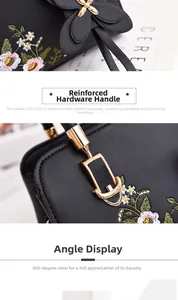 Close-up of floral embroidery on black leather and golden metal handle of the handbag