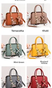Detailed six-color palette of embroidered handbags featuring floral motifs and butterfly charms