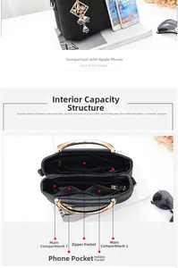 Detail showing the internal structure with multiple compartments of this black quilted handbag