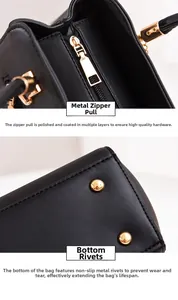 Detailed view of golden zipper hardware and anti-wear studs on black leather handbag