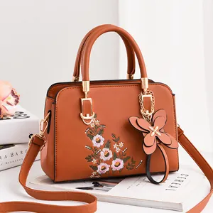 Women Fashion Floral Embroidery PU Leather Handbag With Butterfly Pendant Sweet Small Square Shoulder Crossbody Bag