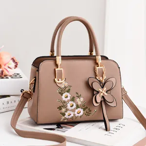 Elegant khaki PU leather handbag with floral embroidery and butterfly charm decoration