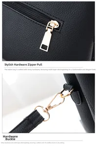 Detail shot of premium light gold hardware and zippers on a black pebbled leather handbag