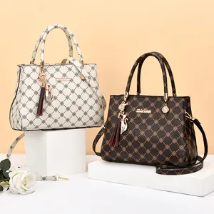 Sac Cabas Femme en Cuir PU Imprimé Géométrique Sac à Main Avec Gland Charme de Chat Sac à Bandoulière Grande Capacité