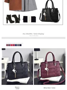 Close-up of woven texture handbags in black and burgundy with cat charm and strap