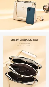 Creamy white crossbody bag detail showing interior compartments and size comparison