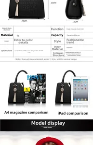 Detailed dimensions of black crocodile texture PU handbag with size comparison to iPad