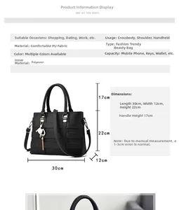 Detailed dimensions of a black woven PU leather tote with a gold cat charm pendant