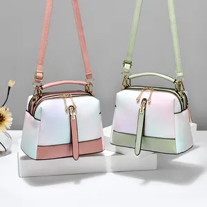 Borsa a Mano da Donna alla Moda con Sfumatura di Colore Trama Litchi Tracolla Boston Bag Regolabile Metallo Dorato