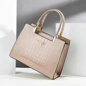 Beige faux crocodile patent leather tote handbag with gold metal hardware for women