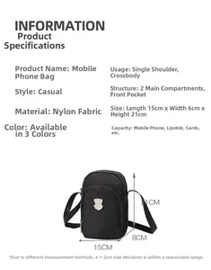 Specifiche dettagliate sulle dimensioni della borsa in nylon con misure 15x6x21cm