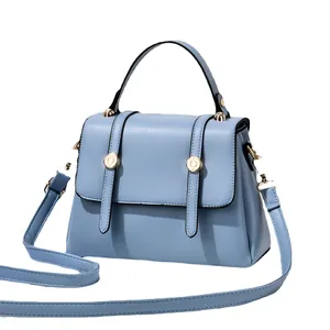 Chic blue textured PU leather small square crossbody bag with gold buckle accents