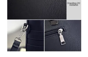 Close-up of premium black PU leather texture with silver metal buckles and zipper detail