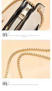Detailed close-up of premium gold-plated zipper and metallic chain strap on a cream bag