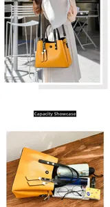 Capacity display of yellow PU leather tote bag with various daily essentials items