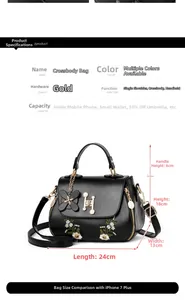 Detailed size chart of the black embroidered handbag with dimensions 24x18x13cm and H-logo