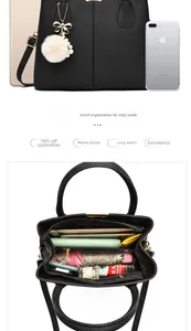 Détail d'un sac à main noir motif litchi montrant les compartiments et la grande capacité