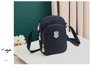Dettaglio della borsa a tracolla in nylon blu navy impermeabile con logo in metallo e zip