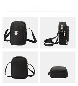 Vista dettagliata da quattro angoli della borsa a tracolla in nylon nero con cerniere