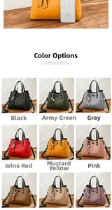 Size comparison of PU leather handbag with 9 color options showing tassels and heart charm
