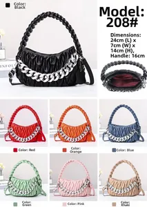 Detail view of woven leather bag showing 24x14cm dimensions and seven color options