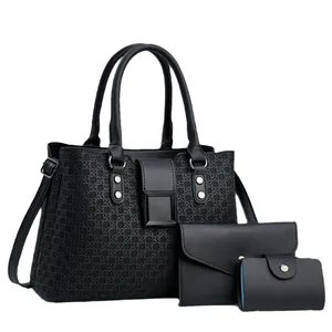 Black woven texture 3-piece bag set with large tote, envelope clutch and card holder