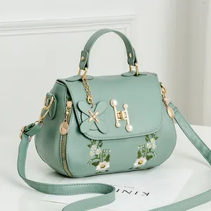 Women Floral Embroidery PU Leather Handbag Pearl H-Buckle Simple Shoulder Crossbody Bag Trendy Lady Small Tote Bag