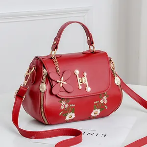Red embroidered handbag with floral patterns and gold pearl H-lock for women