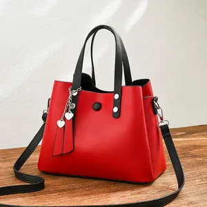Women Fashion PU Leather Bucket Bag Multi-Pocket Top Handle Handbag With Heart Pendant Detachable Shoulder Crossbody Bag