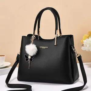 Women Fashion PU Leather Handbag Large Capacity Tote Shoulder Bag With Pom Pom Charm Elegant Top Handle Crossbody Purse