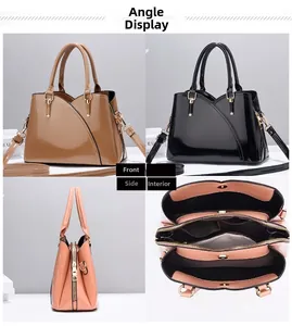 Dettagli della borsa lucida con scomparti interni e profili laterali della borsa moda