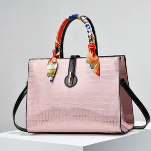 Women Fashion Crocodile Pattern PU Leather Handbag With Silk Scarf Decor Large Capacity Shoulder Crossbody Tote Bag
