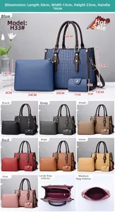 Detailed size chart for crocodile pattern three-piece handbag set with internal structure